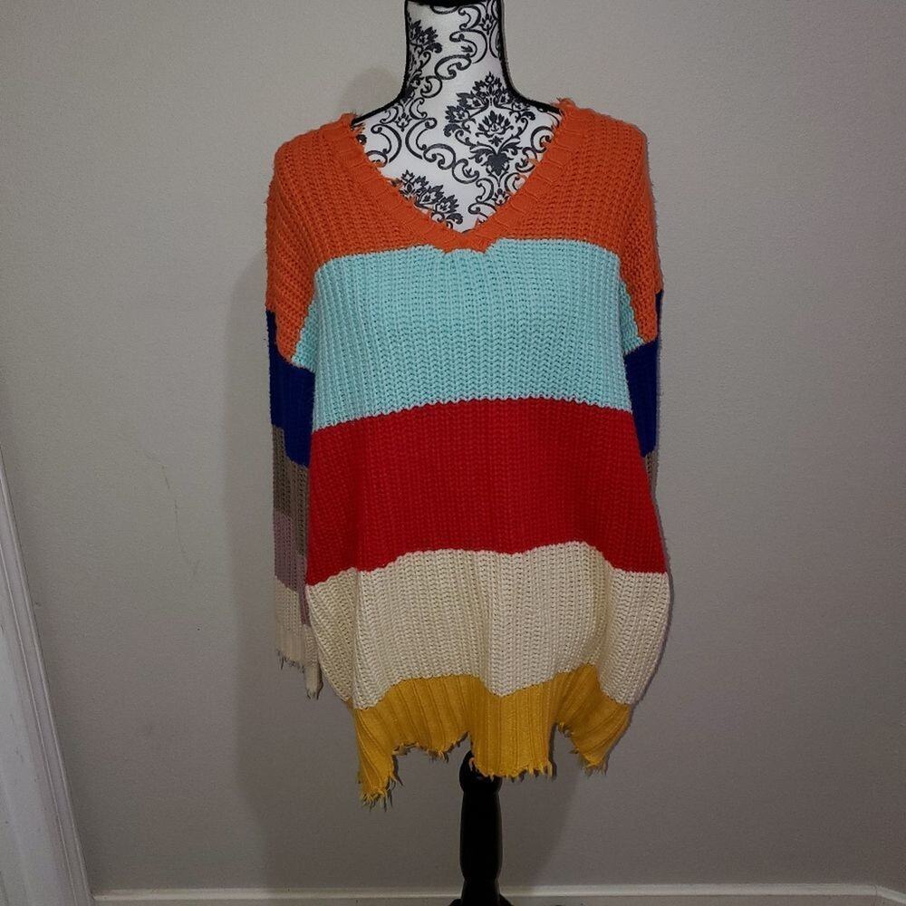 143 story large cozy striped knit sweater with fringe